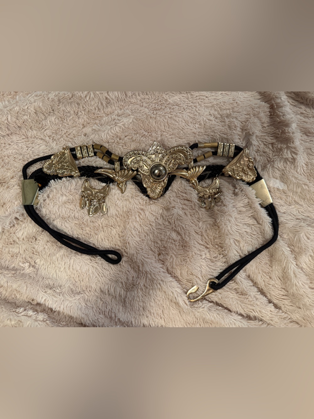Ornate Black Cord Gold Metal Detailed Statement Belt Baroque Medallion